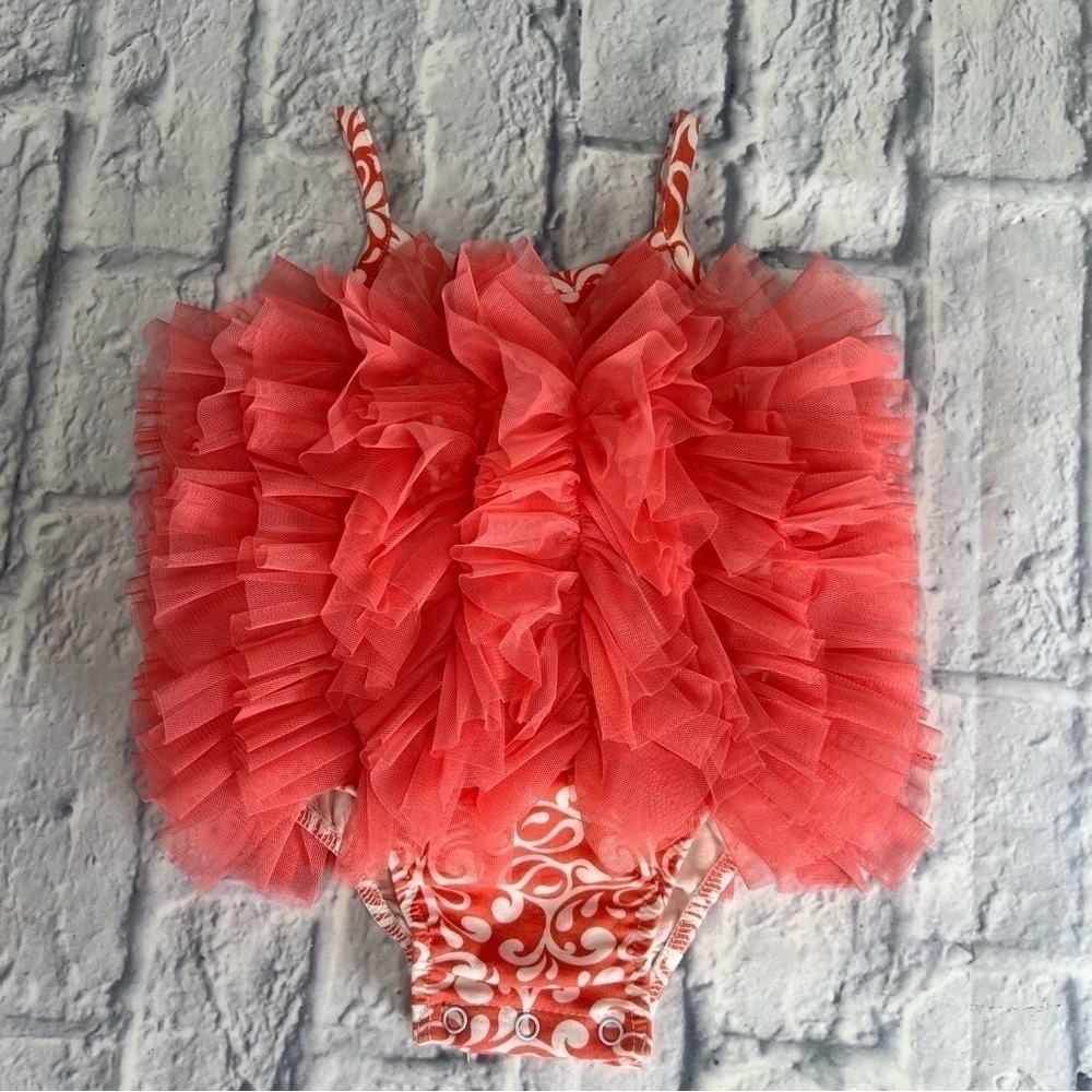 Mud Pie peachy pink frilly one piece 6-9 months